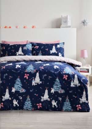 Zestaw dwustronnych poszewek na kołdrą w kształcie choinki w kolorze granatowym