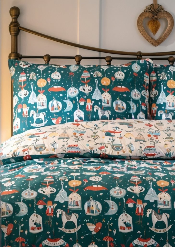 Zestaw dwustronnych zielonych poszewek na kołdrą Ozdoby świąteczne - obrazek 2