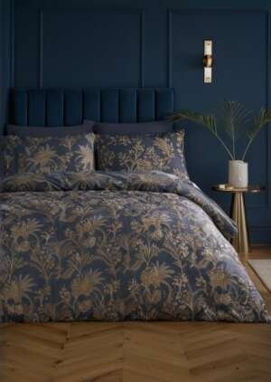 Granatowy, żakardowy zestaw poszewek na kołdrą Soiree Midnight Palm
