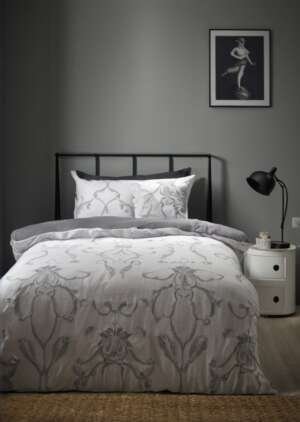 Szary zestaw poszewek na kołdrą w kolorze szarym, z motywem szkieletu na Halloween, świecący w ciemności