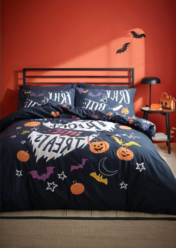 Czarny zestaw dwustronnych poszewek na kołdrą Cukierek albo psikus na Halloween