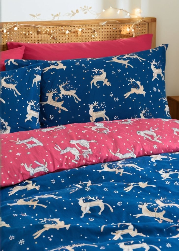 Dwustronna bawełniana poszewka na kołdrą w kształcie renifera w kolorze niebieskim - obrazek 3