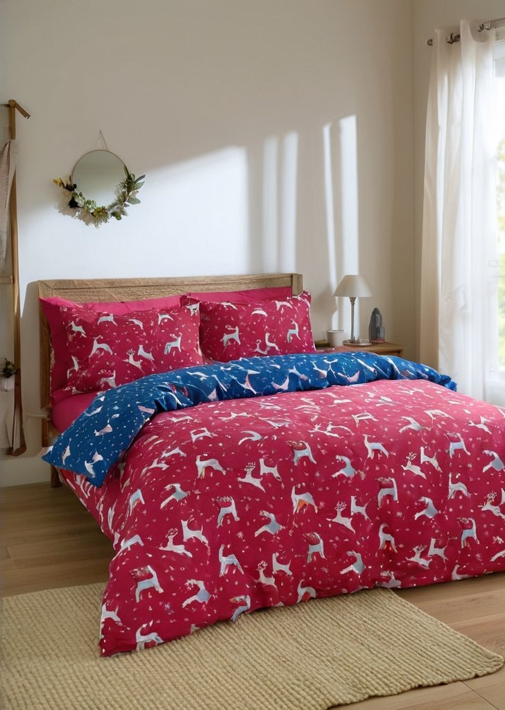 Dwustronna bawełniana poszewka na kołdrą w kształcie renifera w kolorze niebieskim - obrazek 2