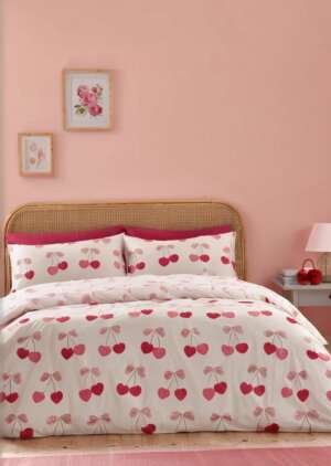 Zestaw dwustronnych poszewek na kołdrą Wiśnie i kokardy w kolorze różowym