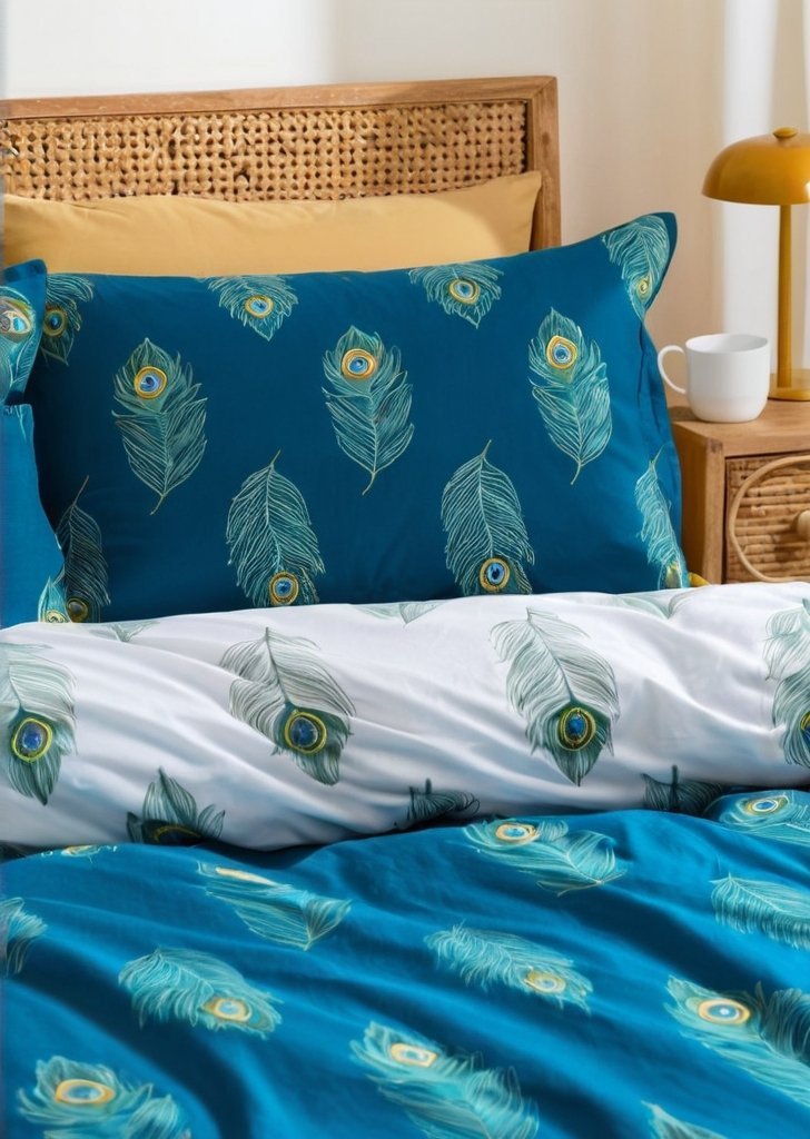 Dwustronny zestaw poszewek na kołdrą z pawich piór, w kolorze turkusowo-zielonym - obrazek 3