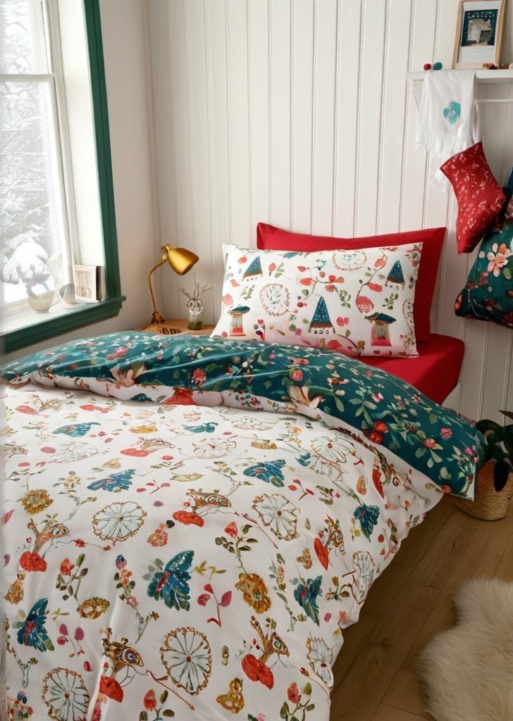 Zestaw dwustronnych, bawełnianych poszewek na kołdrą Christmas Fairground w kolorze zielonym - obrazek 2