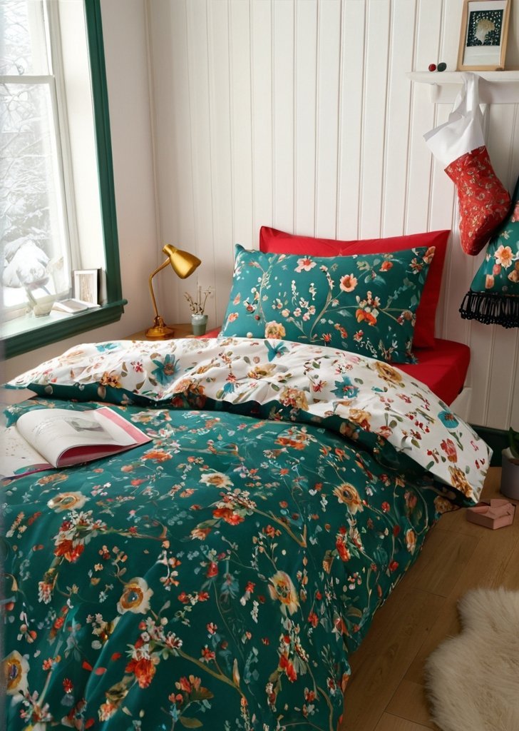 Zestaw dwustronnych, bawełnianych poszewek na kołdrą Christmas Fairground w kolorze zielonym